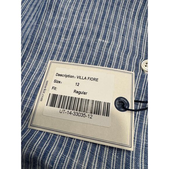 UNTUCKit Womens Villa Fiore Button Up Shirt 12 Blue Stripe Linen Long Sleeve NWT - Picture 4 of 8